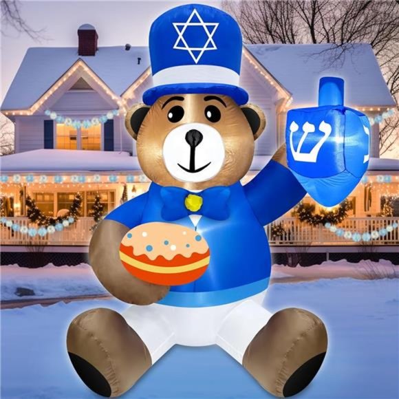 5 Ft Hanukkah Inflatable Outdoor Decor Bear Holds Dreidel Doughnut with Lights - Picture 1 of 6